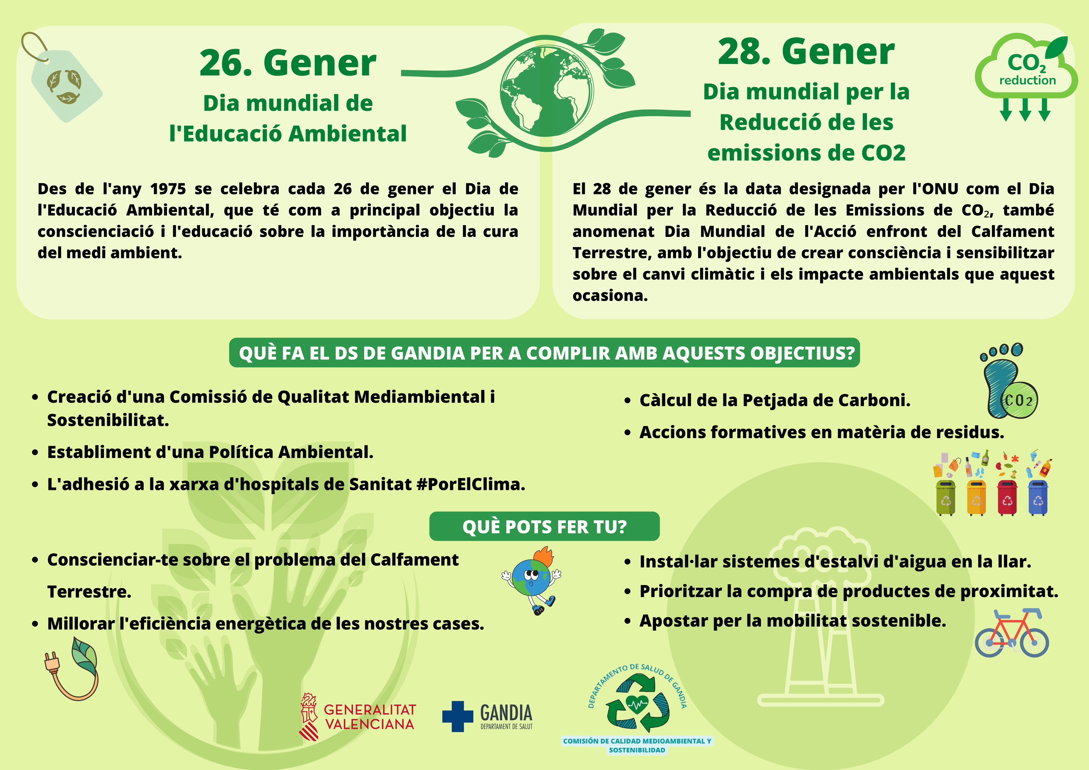 Cartel 26 gener: Dia Mundial de l'Educacióp Ambiental i 28 gener: Dia Mundial per les reduccions d'emissions de CO2